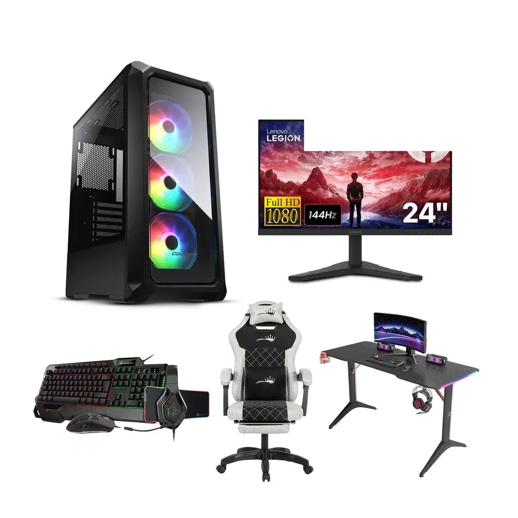 Gaming PC – Intel i5-12400F, H610 D4 Motherboard, 16GB DDR4, 1TB NVMe SSD, RTX 5050 8GB, 650 WATT PSU, Cougar Archon 2 With 3 ARGB Fans, Win 11 Pro, Lenovo Legion 24’’ FHD 144Hz Gaming Monitor, Royal RGB Desk & C23 Chair White, SharX Jaws Wired Bundle