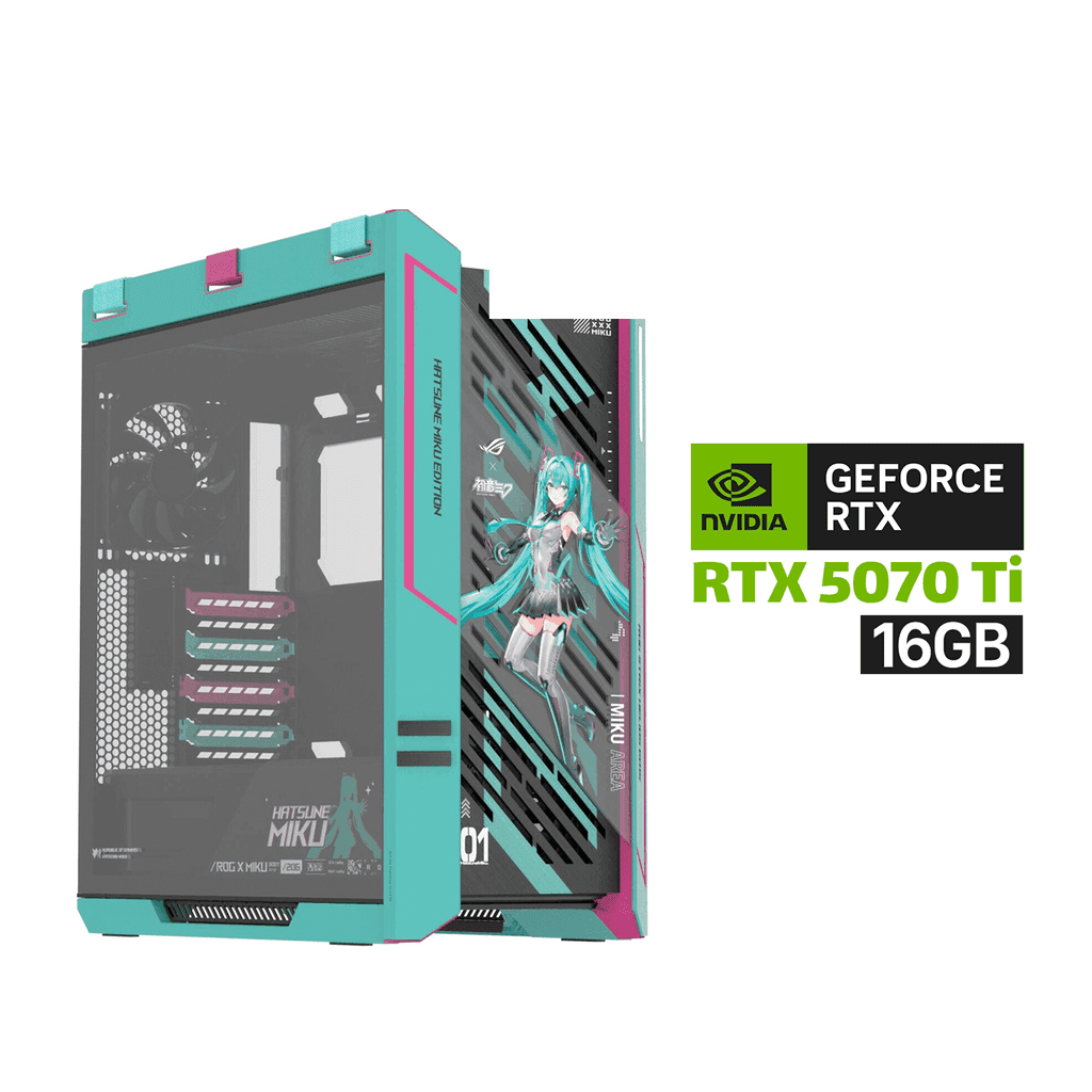 Gaming PC AMD RYZEN 7 9800X3D Processor, ASUS X870-P WIFI Motherboard, 32GB DDR5 RAM, 2TB SSD NVMe, ASUS PRIME RTX 5070 TI 16GB VGA, ASUS PRIME L360 Liquid Cooler, 1000 WATT PSU GOLD, Asus ROG Strix Helios II Hatsune Miku Case, Windows 11 Pro (License)