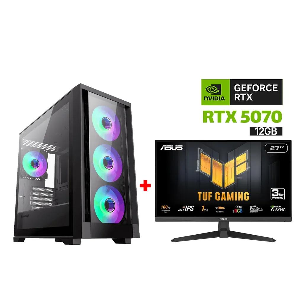 Gaming PC i5-14400F Processor, MSI BOMBER B760 WIFI D5 Motherboard, 32GB RAM DDR5, 1TB SSD NVME, RTX 5070 12GB VGA, 850 WATT PSU, AZZA L240 Liquid Cooler ,GameMax Defender TG Mid Tower Case, Windows 11 Pro (License) + Asus TUF Gaming 27″ FHD Monitor
