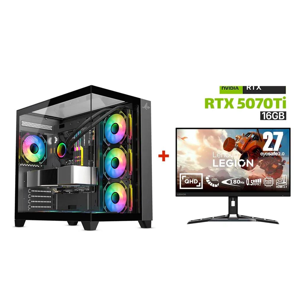 Gaming PC i9-14900K, ASUS ROG STRIX B760-F Wi-Fi, 64GB D5 RAM, WD 2TB GEN-4 SSD, ZOTAC RTX 5070TI 16GB VGA, 850W GOLD PSU, COUGAR L360 Liquid Cooler, Sharx Profin GX700 Mid Tower Case, Win 11 Pro + Lenovo R27QE 27″ 2K 180Hz Gaming Monitor