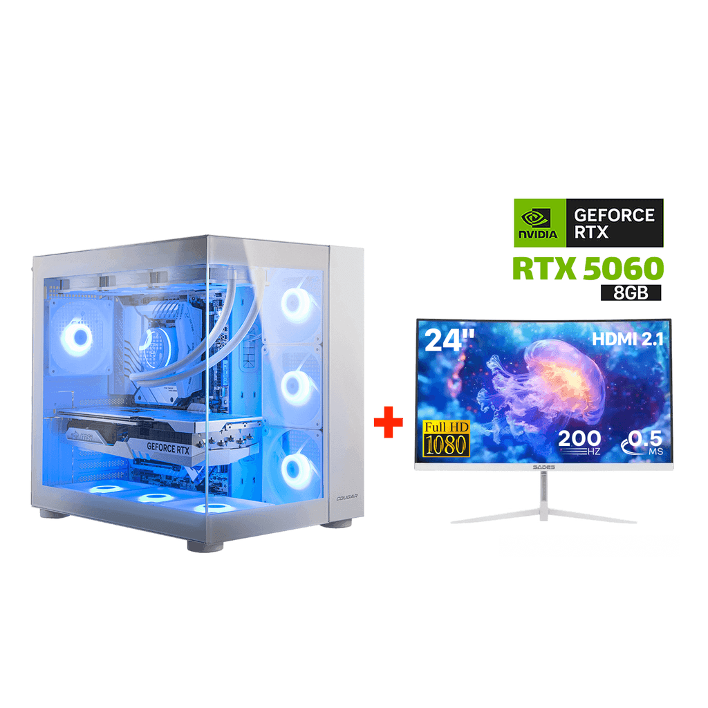 Gaming PC Intel Core i5-14400F,H610 D5 Motherboard,16GB D5 RAM,1TB NVME SSD,RTX 5060 8GB VGA White,700 WATT PSU,Cougar FV150 RGB Mid Tower Case White,4x Pre-Installed RGB Fans,Win 11 Pro (License)+Sades 24″ FHD 200Hz HDMI 2.1 Curved Gaming Monitor