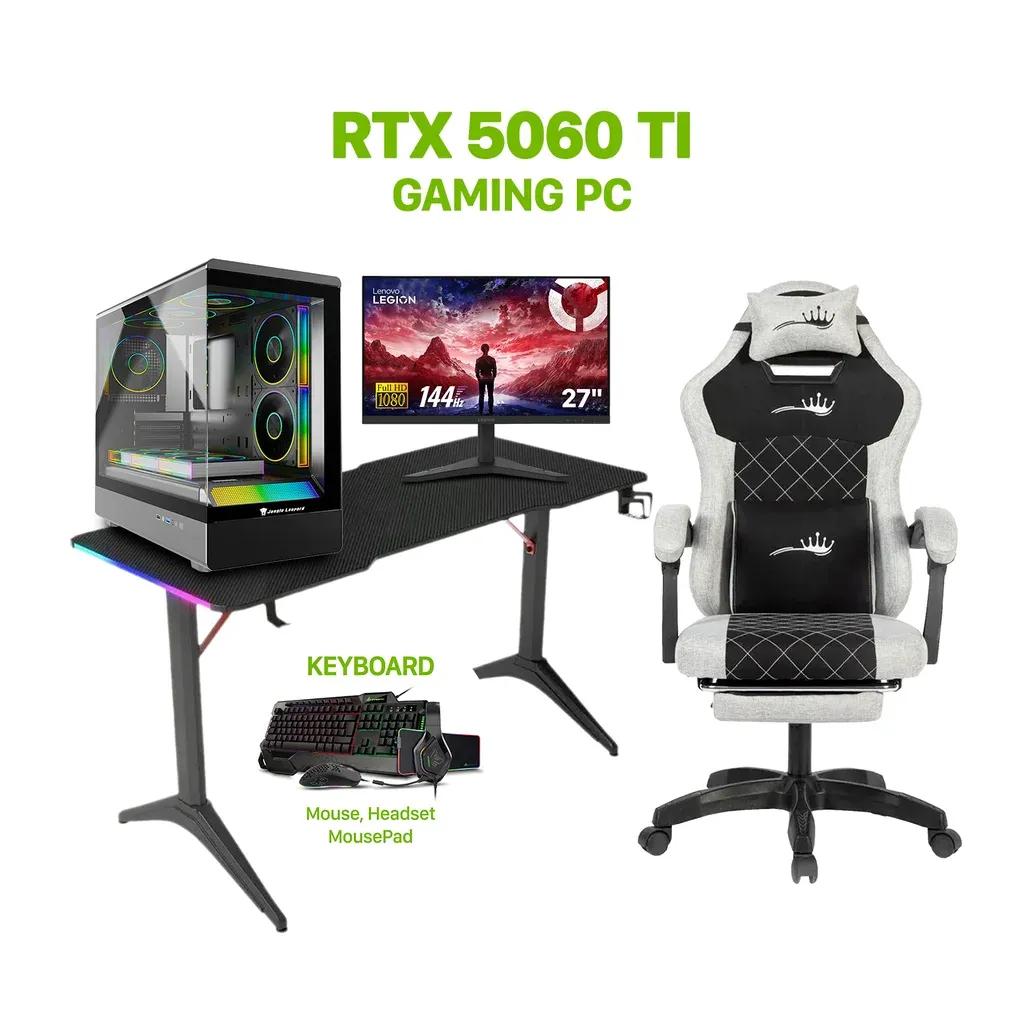 Gaming PC – Intel Core i5-14400F, ASUS H610 D5 WiFi, 16GB D5 RAM, 1TB NVMe SSD, RTX 5060 Ti 16GB, 750W PSU, Jungle Leopard mATX Case with 3 ARGB Fans, Windows 11 Pro, Lenovo 27″ 144Hz Monitor, SharX JS4X1 Bundle, Royal RGB Desk & Royal C23 Gaming Chair
