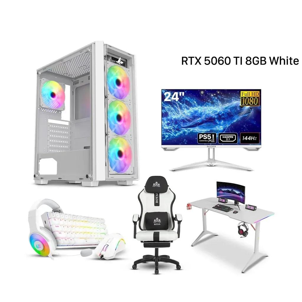 Gaming PC – Intel Core i5-14400F, H610 D5 Motherboard, 16GB D5 RAM, 1TB NVMe SSD, RTX 5060 Ti 8GB White VGA, 750W PSU, Sharx Striker Case 4x RGB Fans, Win 11 Pro + Sades 24″ FHD 144Hz Monitor, C23 Chair, RGB Desk, Redragon Wired Bundle