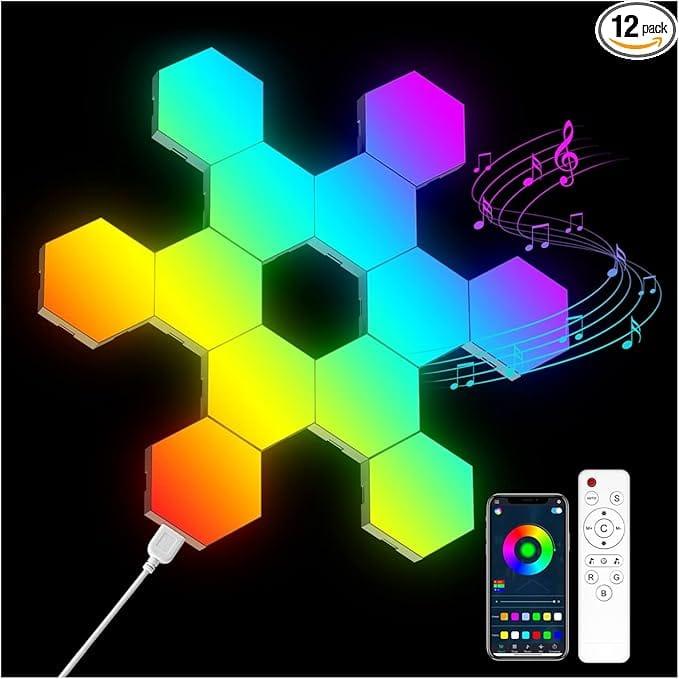 Hexagon Lights Wall RGB Panel – Smart APP RGB Hexagonal Modular Gaming Light Music with Sync Honeycomb Shape Panels Hexagon Lights for Bedroom Children Room (12 Pack)