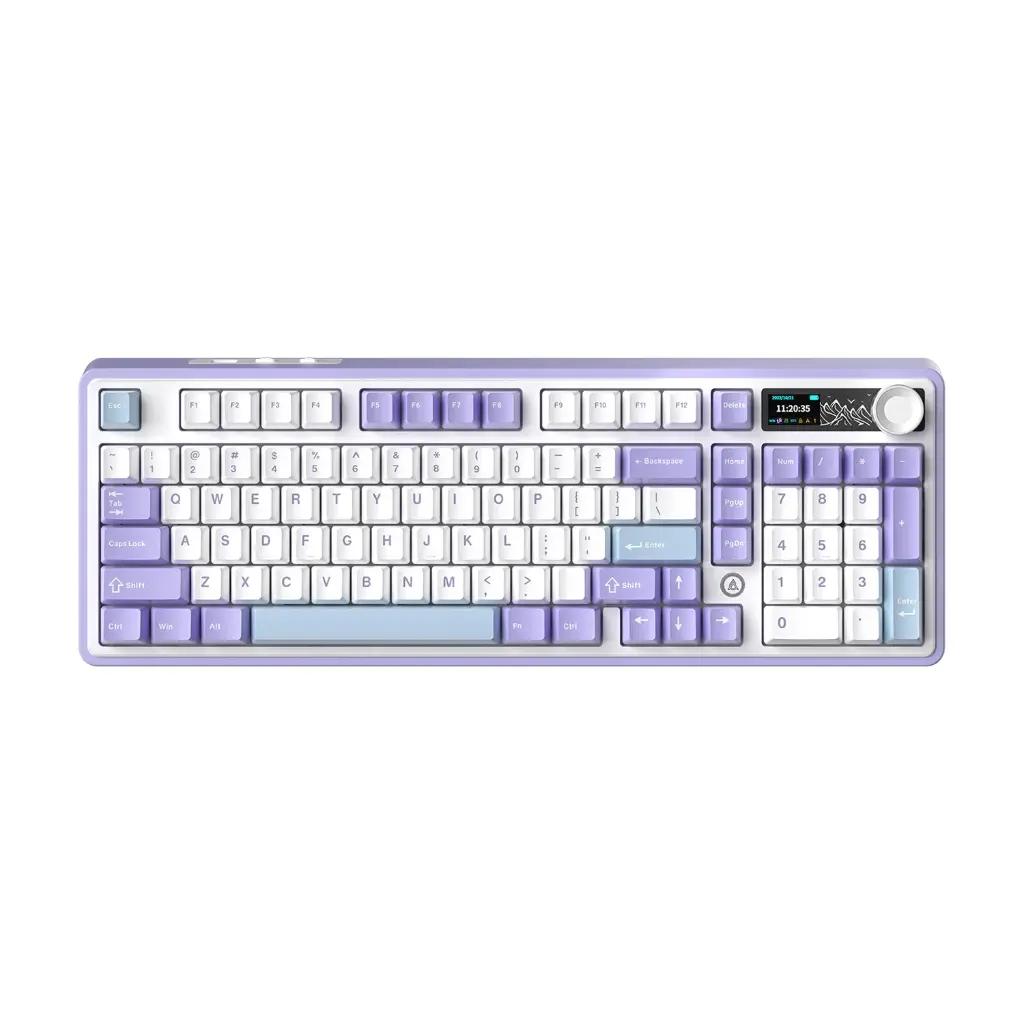 Ajazz AK980 RGB Tri-Mode 98% 97-Keys Gasket-Mounted Hot-Swappable Mechanical Keyboard with 1.14″ TFT Display Screen & Knob (Purple/White /Blue) (Maillard Switch, Gift Switch V2)