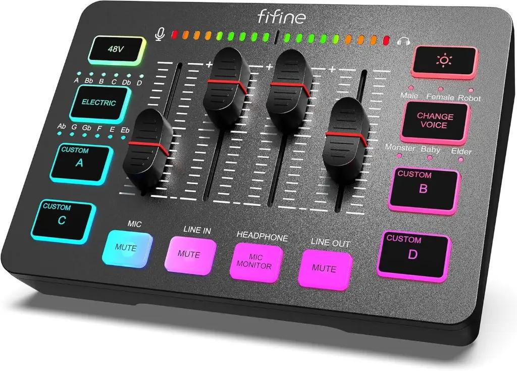 FIFINE AmpliGame SC3 Gaming USB Mixer with XLR/Headset Input, Monitoring, Line In/Out, Faders, Mute/Voice Effect/Sample, 20Hz – 20kHz Frequency Response, Up to 90dB, Mute Button | MI19