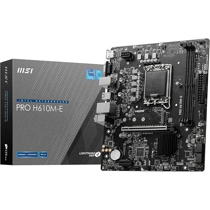 MSI PRO H610M-E Motherboard, Micro-ATX – Supports 14th/13th/12th Gen Intel Core Processors, LGA 1700 – DDR5 Memory Boost 5600MHz/MAX, PCIe 4.0 x16 Slot, M.2 Gen3 Slot