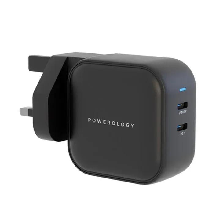 Powerology 65W Dual PD GaN Charger Dual Type-C Power Delivery, Black, PWCUQC007-BK