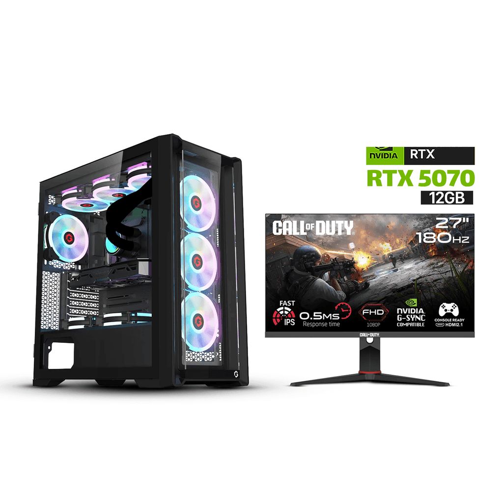 Gaming i7-13700F CPU, B760 DDR5 Motherboard, 32GB D5 RAM, 1TB NVMe SSD, RTX 5070 12GB, 850 WATT PSU, L240 Liquid Cooler, GameOn Vortex Mid Night Series Case 4x RGB Fans, Win 11 Pro (License) + GAMEON Call Of Duty 27’’ FHD 180Hz HDMI 2.1 Gaming Monitor