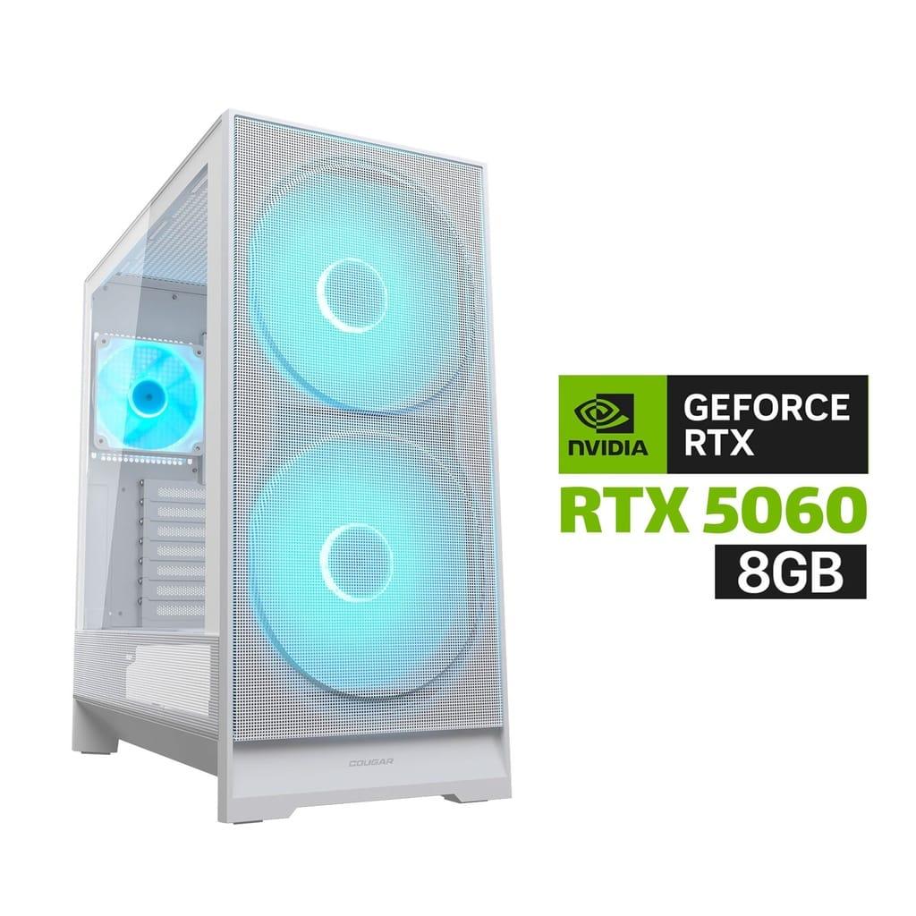 Gaming PC i5-14400F Processor, ASUS H610 D5 WIFI Motherboard, 16GB DDR5 RAM, 1TB NVMe SSD, RTX 5060 8GB VGA, 750 WATT PSU, Cougar AIRFACE 180 Series Mid Tower Case White 3x ARGB Fans, Windows 11 Pro (License)