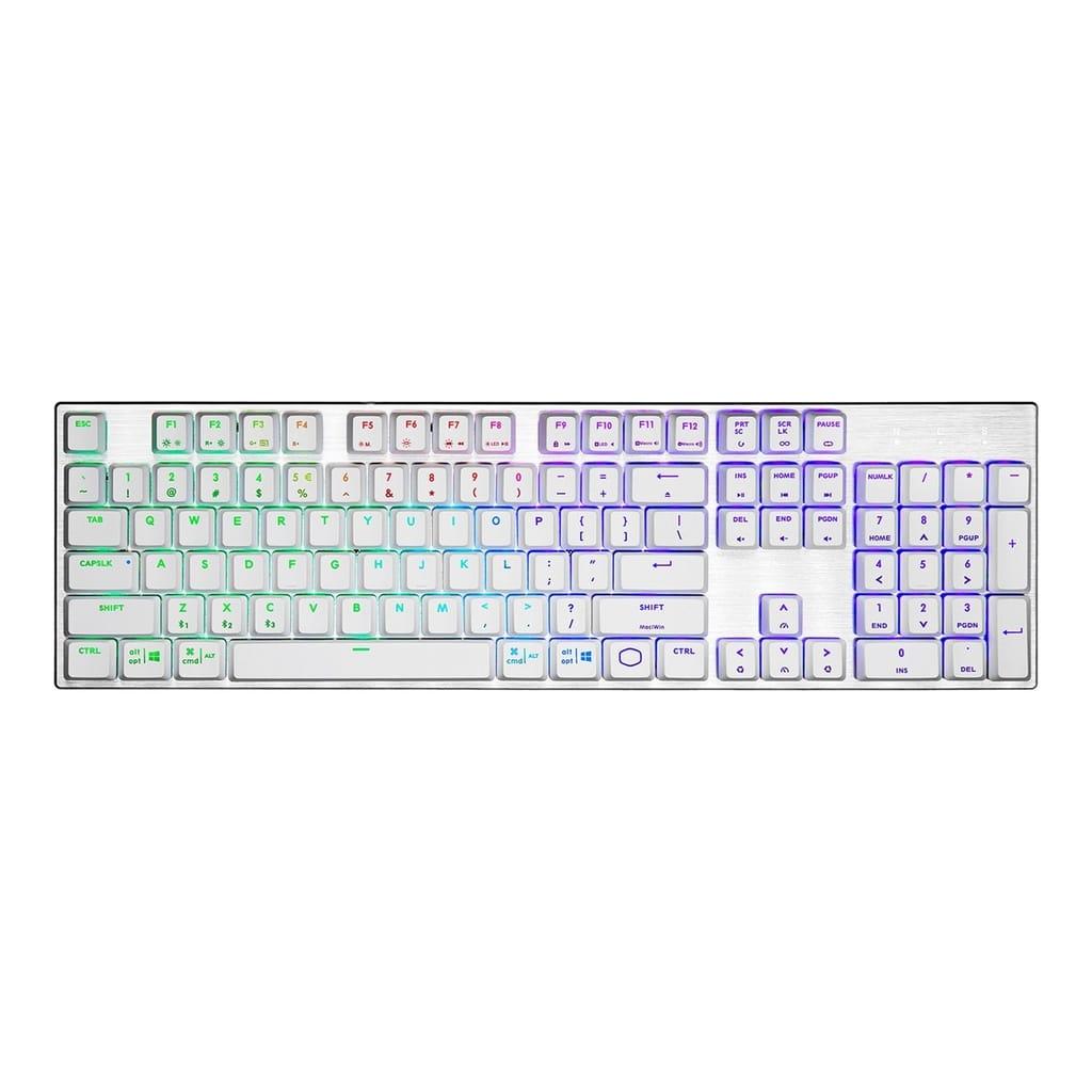 Cooler Master SK653 Full Sized Wireless/Bluetooth RGB Mechanical Keyboard With Low Profile Clicky Blue Switch – White