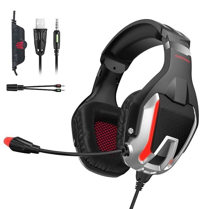 ONIKUMA K12 Stereo Gaming Headset with Mic, Controls and LED Light for PC, PS4, Xbox and Mobiles – Red
