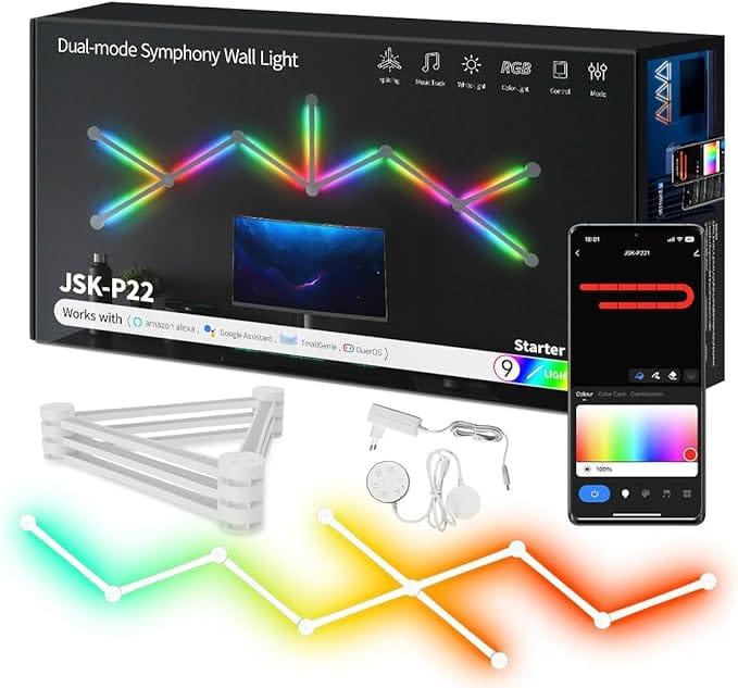 LED Smart Glide Wall Line Light, WiFi RGB LED Wall Light for Gaming Room, 16M+ Colors, Music Sync, Compatible with Alexa and Google Assistant(9 Light Lines,White)