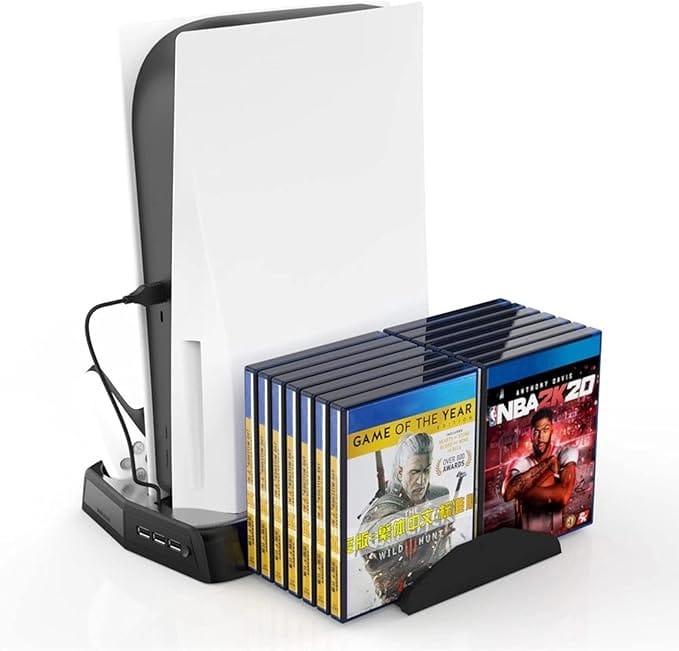 KJH-P5-010-2 PS5 Cooling Fan Station and Dual Controller Charger Station for Playstation 5 PS5 Console, LED Indicator + 16 Game Storage disc Holders, 3 USB Ports (Black)